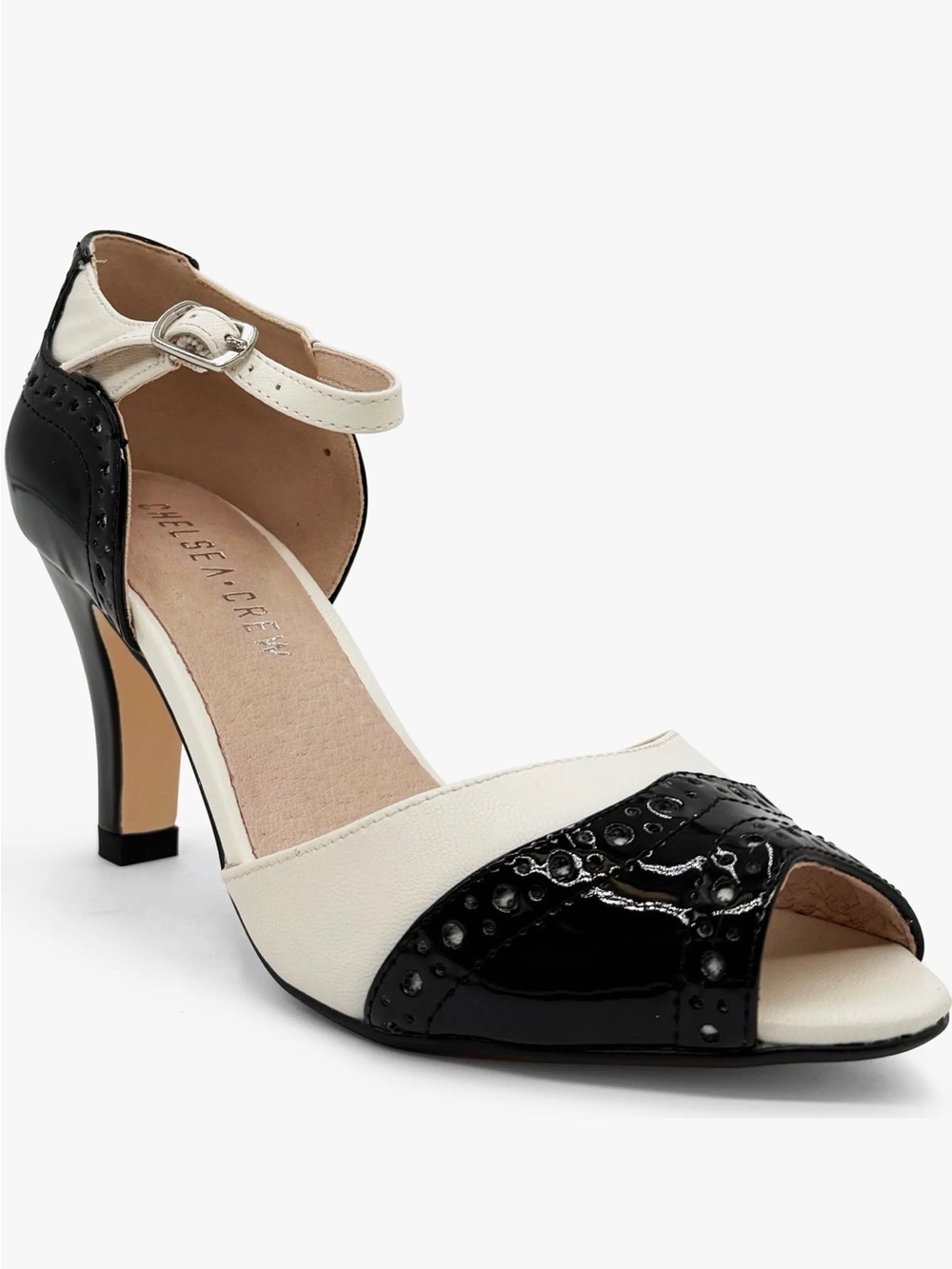 Chelsea Crew Black & White Ankle-Strap Peep-Toe Heel 7/38 NIB